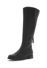 Schwarze Lederstiefel bis zum Knie mit glatter Oberfläche, runder Spitze und niedrigem Blockabsatz; ausgestattet mit einer gesteppten Gestaltung und einer Zuglasche auf der Rückseite.