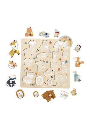 Wooden animal and nature-themed puzzle with removable pieces including deer, fox, raccoon, bear, rabbit, and rainbow.