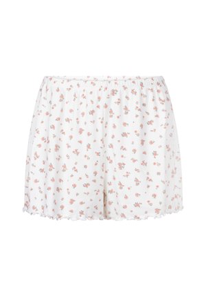 White elastic waist shorts with small pink floral pattern and lettuce edge hem.