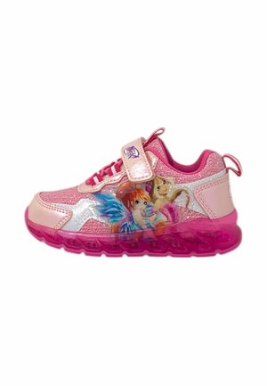 Sneaker rosa per bambini con glitter, grafica di personaggi fatati sul lato, cinturino in velcro e suola traslucida rosa.