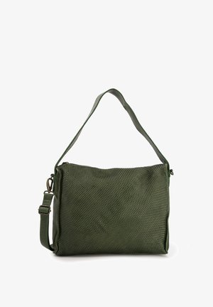 Grüne, strukturierte Schultertasche mit gewebtem Design, ausgestattet mit einem langen, verstellbaren Tragegurt und einem Reißverschluss. Glattes Material, rechteckige Form.