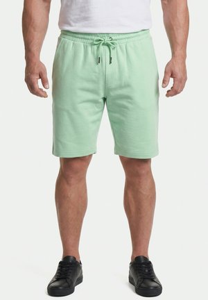 Uomo che indossa pantaloncini verde chiaro con coulisse e sneakers nere, in piedi su sfondo bianco.
