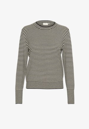 Sort-hvid stribet sweater med lange ærmer, rund halsudskæring og ribbede manchetter og kant, lavet af blødt strikkemateriale.