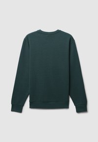 Felpa verde scuro con texture a costine, scollo rotondo e maniche lunghe. Presenta un orlo dritto e maniche con polsini.