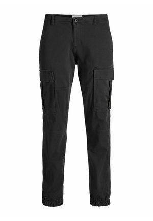 Czarne spodnie cargo o zwężanym kroju, z wieloma bocznymi kieszeniami, elastycznymi mankietami i mocnym splotem materiału.