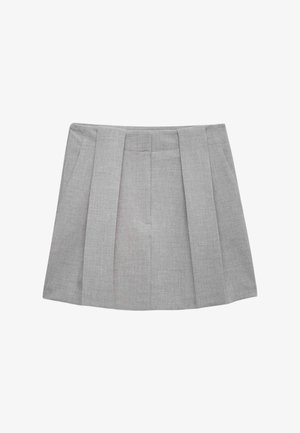 Grijze geplooide rok van lichtgewicht stof, met scherpe plooien, een gladde textuur en een rechte snit.