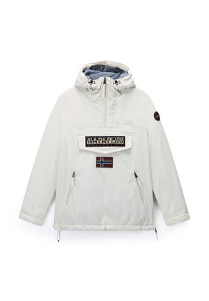 Veste blanche à capuche avec fermeture éclair devant, deux poches zippées, écusson du logo Napapijri et emblème du drapeau norvégien sur la poitrine.