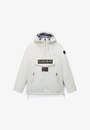 Veste blanche à capuche avec fermeture éclair devant, deux poches zippées, écusson du logo Napapijri et emblème du drapeau norvégien sur la poitrine.