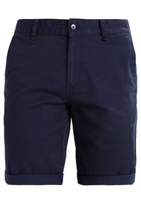 Námořnické modré bavlněné kraťasy se přímým střihem, zapínáním na knoflík, ohrnutými manžetami a předními kapsami. Hladká textura a minimální detaily.