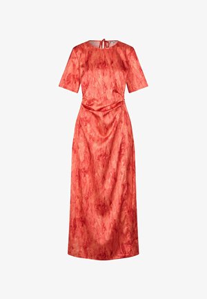 Red satin dress with short sleeves, fitted waist, and full-length skirt featuring a subtle marbled texture and a tie closure at the back.