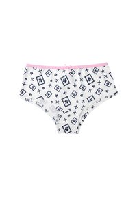 Mutande hipster in cotone bianche con motivi geometrici blu e accenti floreali, dotate di un elastico rosa e di un piccolo fiocco coordinato.