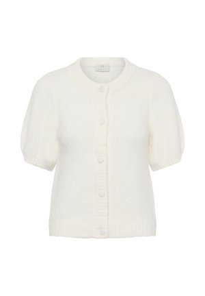 Witte korte mouwen gebreide cardigan met ronde halslijn en vijf knopen aan de voorkant, gemaakt van een zachte, gestructureerde stof.