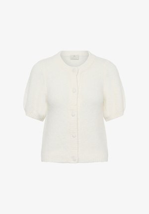 Cardigan blanc en tricot à manches courtes avec encolure ronde et cinq boutons sur le devant, en tissu doux et texturé.