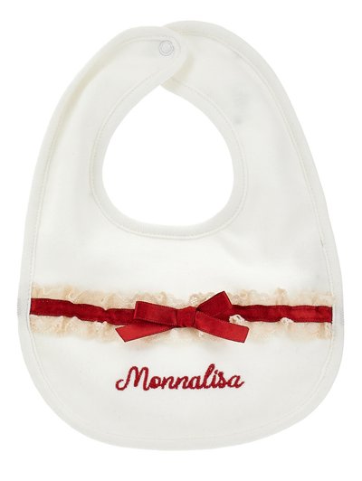 Bavaglino in tessuto bianco con scollatura rotonda. Caratterizzato da un accento in pizzo e un nastro rosso, con "Monnalisa" ricamato in rosso. Chiusura a scatto.