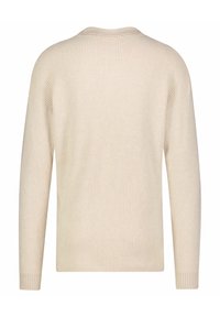 Beiger, gerippter Pullover mit lockerer Passform, weiten Ärmeln und einer subtilen Textur. Verfügt über einen runden Halsausschnitt und eine einfarbige Gestaltung ohne Verzierungen.