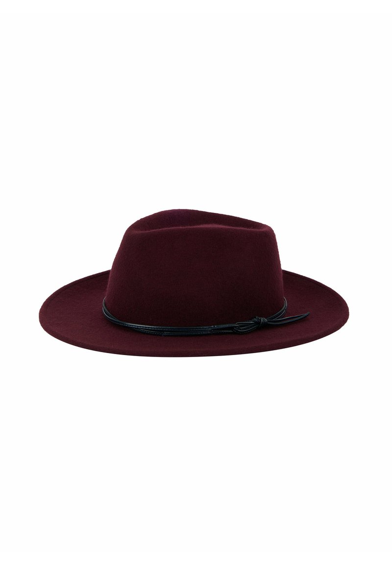 Burgundy felt hat with a wide brim and a black cord band. The structured crown is slightly indented, and the texture appears smooth and soft.