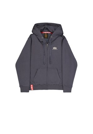 Šedá mikina na zip s kapucí na šňůrku, předními kapsami, žebrovými manžetami a logem na hrudi. Materiál vypadá měkce a má texturovaný vzhled.