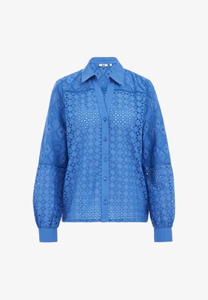 Sinine nööpidega särk, mis on valmistatud kergest, brodeeritud kangast, millel on teemantmustrid ja augukesed; omab pikki varrukaid ja kraed.