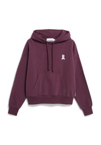 Bordeaux hoodie van katoen, met een voorzak, ribgebreide manchetten en een klein wit logo op de linkerkant van de borst.