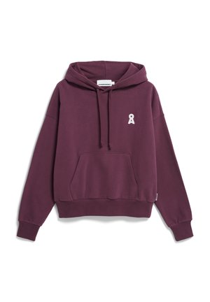 Weinrote Kapuzenjacke aus Baumwolle, mit einer vorderen Tasche, gerippten Bündchen und einem kleinen weißen Logo auf der linken Brust.