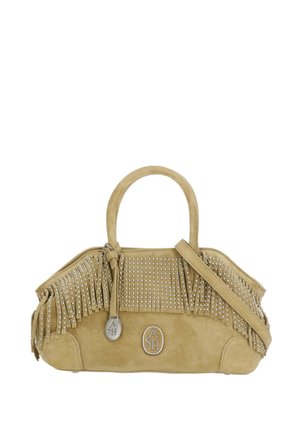 Borsa in camoscio marrone chiaro con frange e dettagli con borchie, doppi manici, tracolla e ciondolo ovale in metallo con logo ASH.