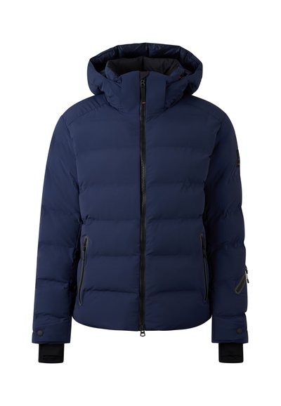 Navy blue puffer jacket with a hood, front zipper, side pockets, and black accents. Features quilted texture and elasticized cuffs.