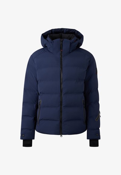 Navy blue puffer jacket with a hood, front zipper, side pockets, and black accents. Features quilted texture and elasticized cuffs.