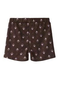 Brune shorts lavet af tekstureret stof med et mønster af hvide muslinger. Elastisk talje og en afslappet, casual pasform.