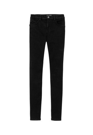 Jean skinny en denim noir avec une texture lisse, poches avant standard et fermeture par bouton à la taille. Design et coupe classiques.