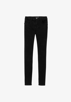 Jean skinny en denim noir avec une texture lisse, poches avant standard et fermeture par bouton à la taille. Design et coupe classiques.