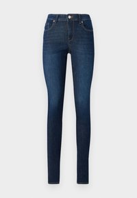 Uske uski tamnoplave traperice skinny kroja, koje sadrže klasičan dizajn s pet džepova, petlje za pojas i metalnu dugmad na struku.