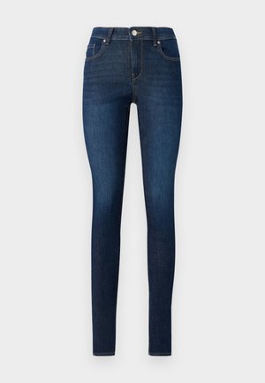Skinny jeans van donkerblauw denim, met een klassieke vijf-pocket ontwerp, riemlussen en een metalen knoop bij de taille.