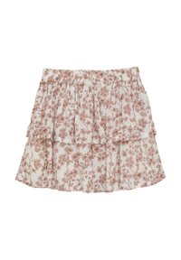 Jupe fleurie blanche avec un design froncé, présentant des motifs de fleurs roses et marron. Taille élastique pour plus de confort et silhouette en couches.