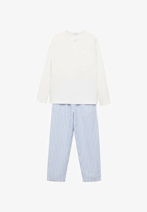 White long-sleeve top with henley neckline and front pocket paired with blue and white striped pajama pants. Cotton material, relaxed fit.