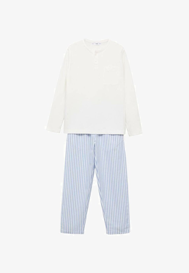 Vit långärmad topp med henley-halsringning och ficka fram, parat med blå och vita randiga pyjamasbyxor. Tillverkad av bomull, avslappnad passform.