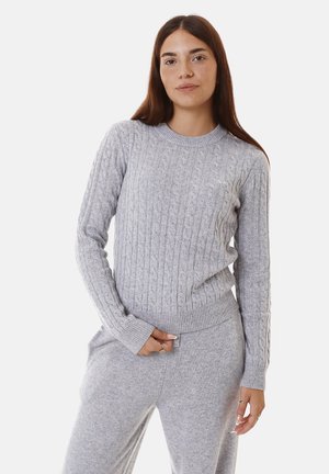 Maglione grigio a trecce con scollo rotondo, polsini e bordo a costine, con un sottile dettaglio del logo sul lato destro. Texture morbida.