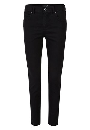 Pantaloni casual neri con vestibilità slim, realizzati in tessuto misto cotone. Presentano una chiusura con bottone e zip, cinque tasche e cuciture tonali.