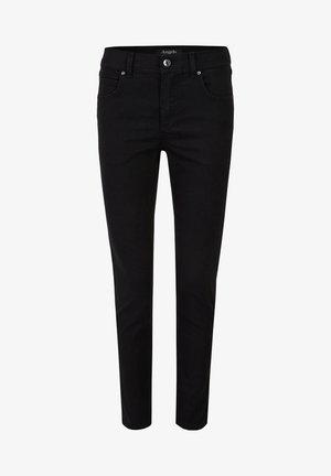 Pantaloni casual neri con vestibilità slim, realizzati in tessuto misto cotone. Presentano una chiusura con bottone e zip, cinque tasche e cuciture tonali.