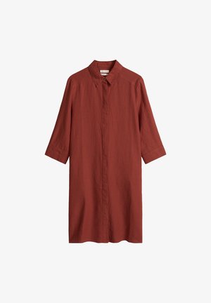 Rust-colored knee-length shirt dress with three-quarter sleeves, pointed collar, and concealed front buttons.
