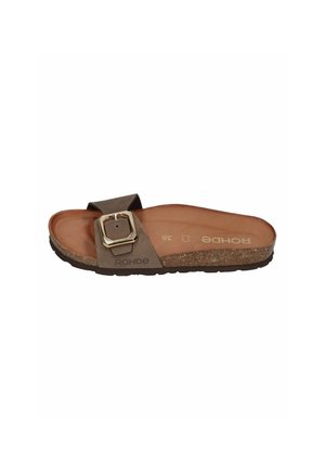 Brown single-strap slide sandal with large silver buckle, cork footbed, and black textured sole, size 38, branded "ROHDE" inside and outside.