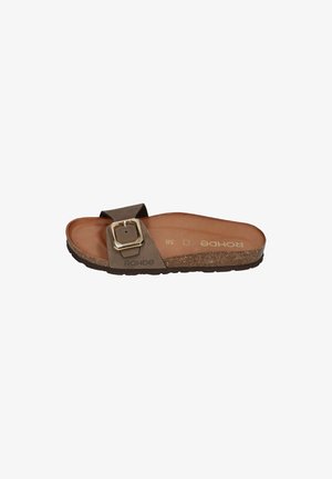 Brown single-strap slide sandal with large silver buckle, cork footbed, and black textured sole, size 38, branded "ROHDE" inside and outside.