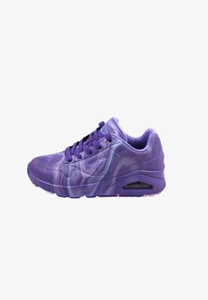 Purple sneaker with a marbled texture, featuring a padded collar, perforated sections, and a visible air unit in the sole. Lace-up design.