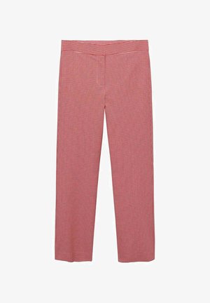 Pantalons à carreaux rouges et blancs avec un design à jambes larges, une texture lisse et une taille mi-haute. Convient pour un usage décontracté.