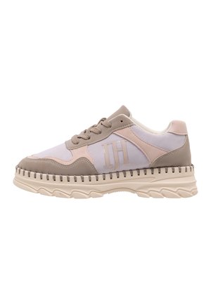Sneakers featuring a blend of light gray fabric, beige accents, and a textured rubber sole with stitched detailing and logo.