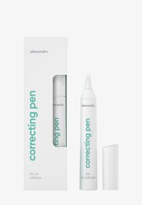 Stylos correcteurs avec un corps cylindrique blanc, une pointe fine et un texte vert. Comprend une boîte blanche avec une découpe affichant le stylo à l'intérieur.