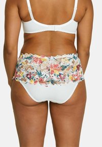 White lace-back panties featuring colorful floral embroidery at the top, with scalloped edges and a smooth white base.