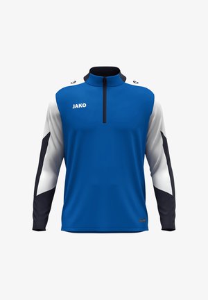 Giacca sportiva blu con maniche lunghe, collo con zip, dettagli bianchi e neri, e logo "JAKO" sul petto. Tessuto dalla superficie liscia.
