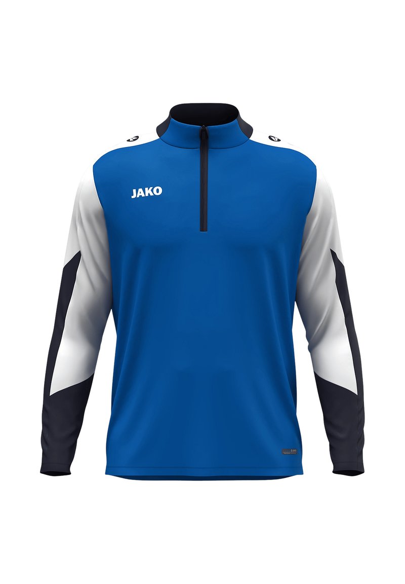 Giacca sportiva blu con maniche lunghe, collo con zip, dettagli bianchi e neri, e logo "JAKO" sul petto. Tessuto dalla superficie liscia.