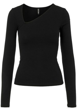 Haut noir à manches longues en maille côtelée avec un col asymétrique en forme de scoop et une taille cintrée, étiquette portant la mention "Pieces" à l’intérieur du col.