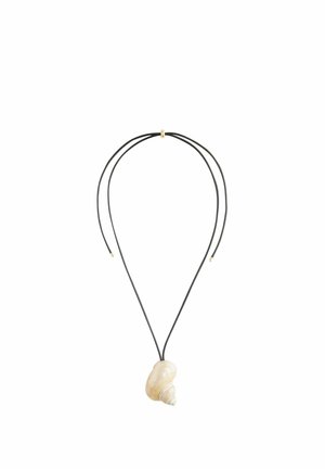 Black cord necklace with a natural cream-colored seashell pendant and gold clasp detail.